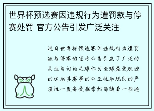 世界杯预选赛因违规行为遭罚款与停赛处罚 官方公告引发广泛关注
