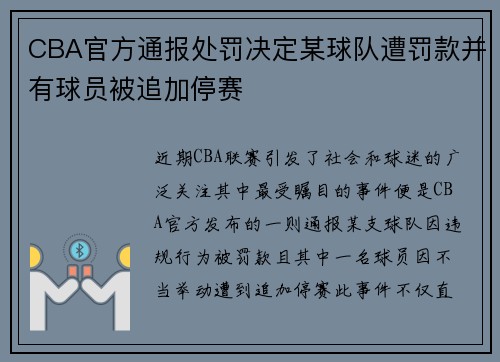 CBA官方通报处罚决定某球队遭罚款并有球员被追加停赛